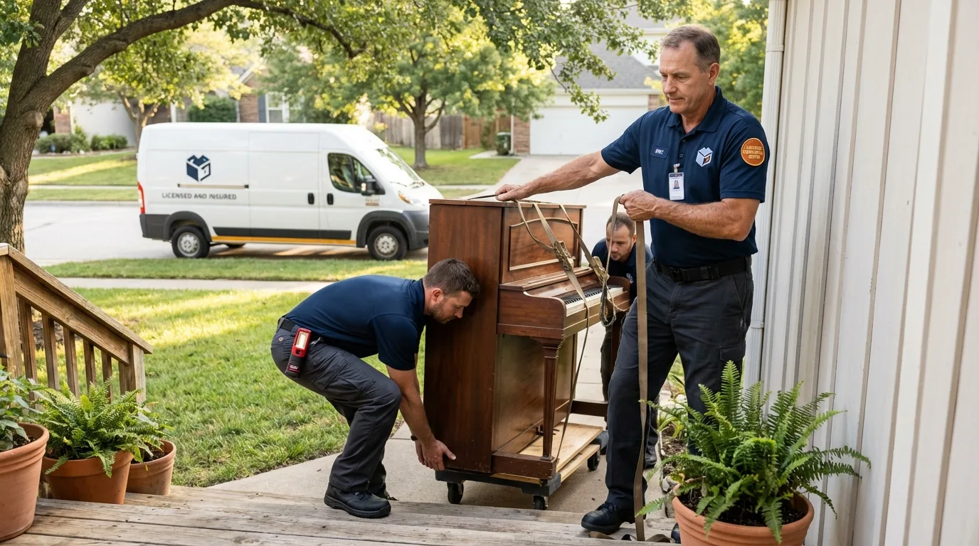 Licensed piano movers securing grand piano in Harrington Park, NJ