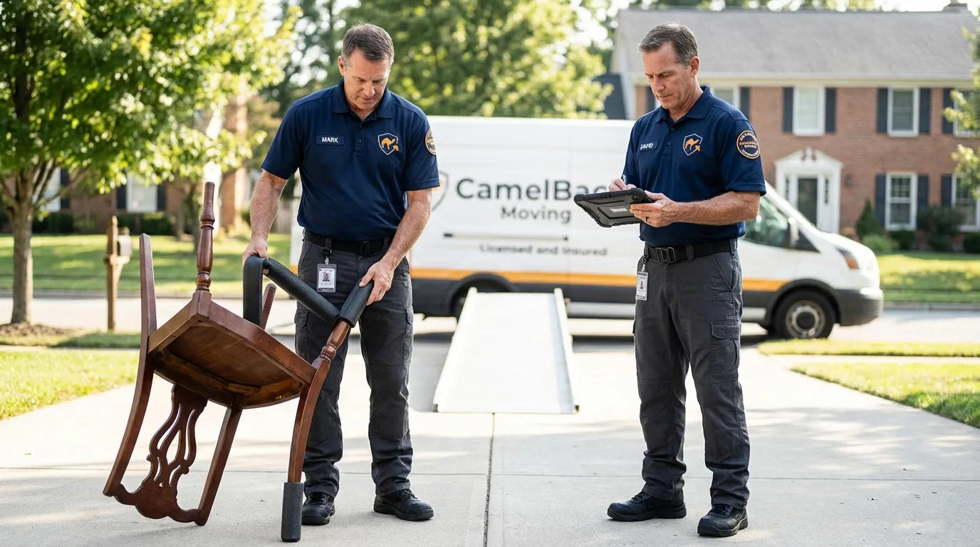 Movers inspecting furniture for damage prevention before loading in Harrington Park, NJ