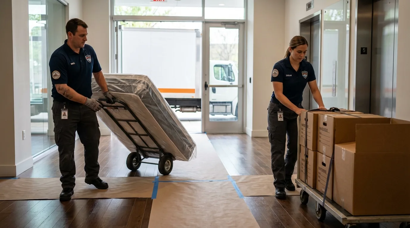 Professional apartment movers loading elevator in Harrington Park, NJ