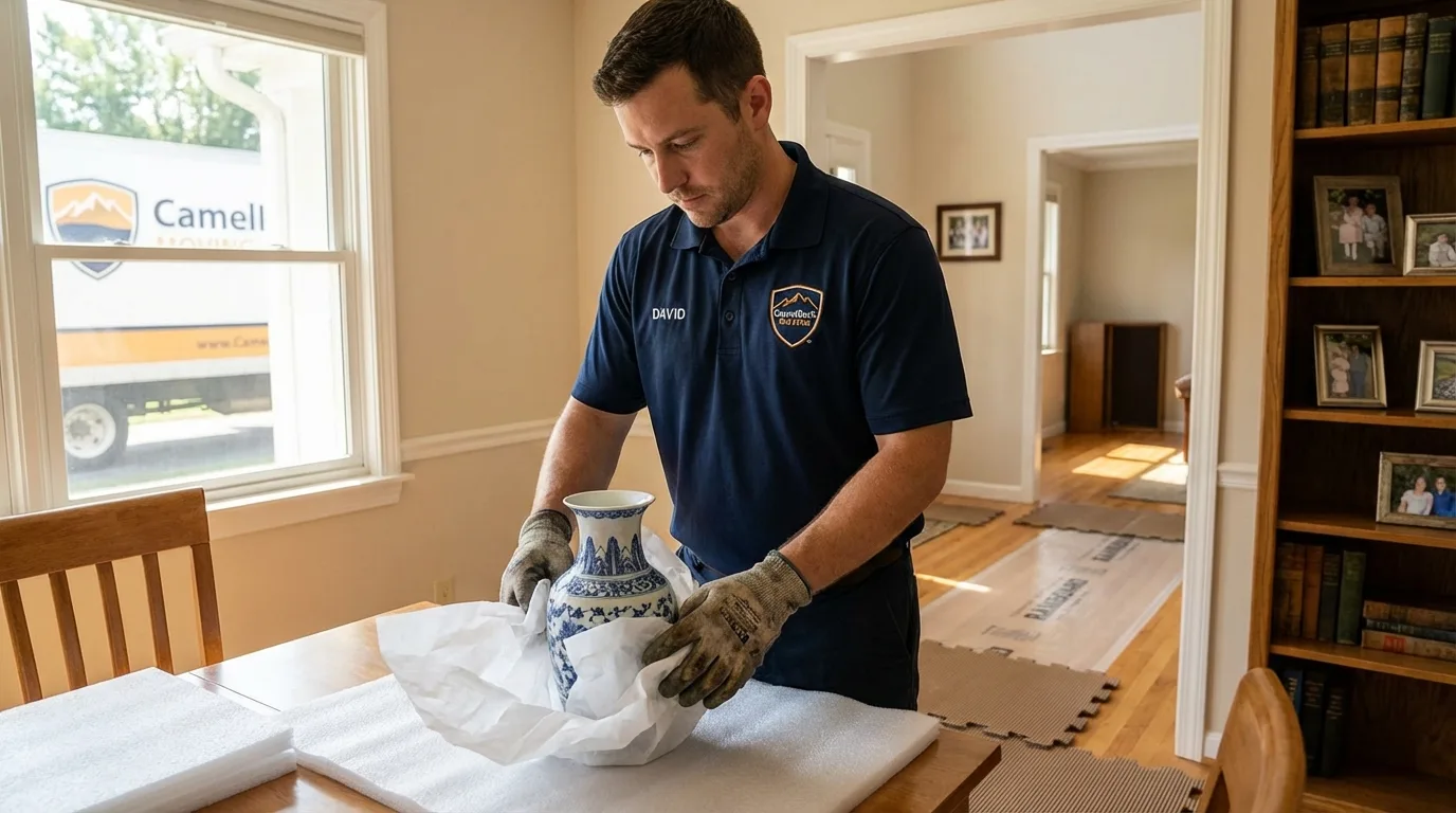 Professional crew carefully wrapping antique vase for senior downsizing move in Harrington Park, NJ